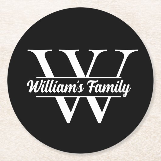 Zwart en Wit | Eenvoudige familienaam Monogram Ronde Kartonnen Onderzetter (Voorkant)