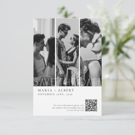 Zwart en wit Elegant Fancy Script Bruiloft Save The Date (Staand voorkant)