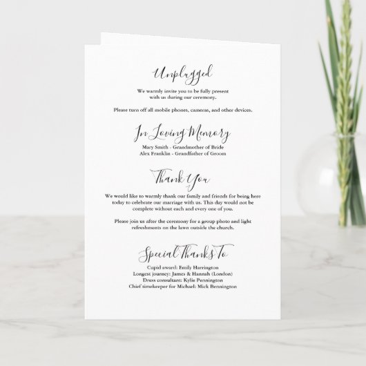 Zwart en wit Elegant handtekening Script Bruiloft  Programma (Achterkant)