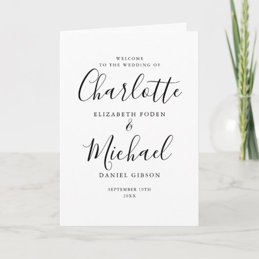 Zwart en wit Elegant handtekening Script Bruiloft Programma (Voorkant)