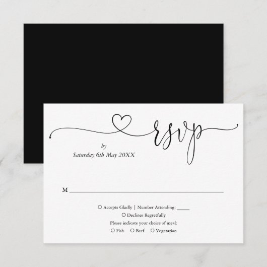 Zwart En Wit Elegant Hart Script RSVP Kaartje (Voorkant / Achterkant)