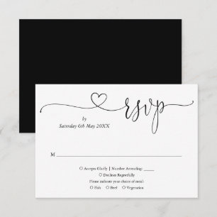Zwart En Wit Elegant Hart Script RSVP Kaartje
