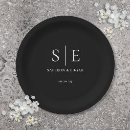 Zwart En Wit Elegant Monogram Huwelijk Papieren Bordje