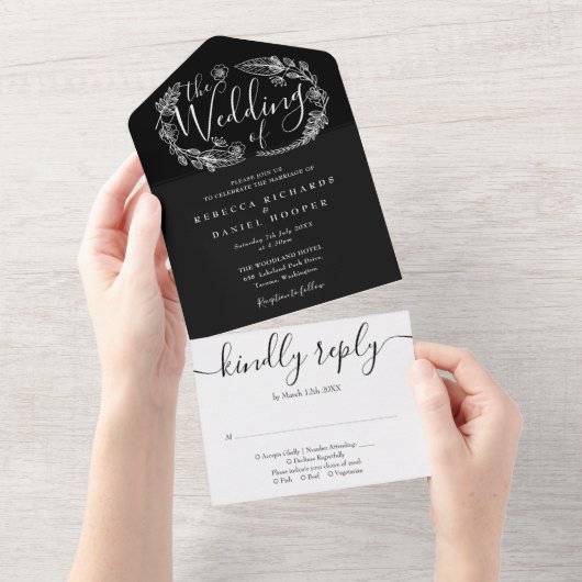 Zwart En Wit Elegant Script Blad Bruiloft All In One Uitnodiging (Afscheurbaar)