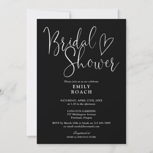 Zwart En Wit Elegant Script Bruids Shower Kaart (Voorkant)