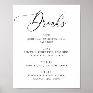 Zwart en wit elegant script bruiloft drankjes bar poster