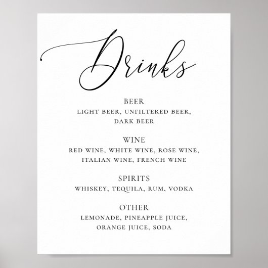 Zwart en wit elegant script bruiloft drankjes bar poster (Voorkant)