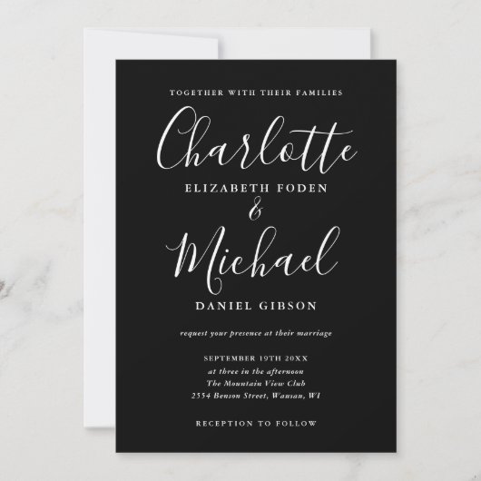 Zwart En Wit Elegant Script Bruiloft Kaart (Voorkant)