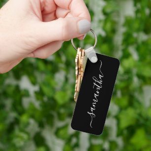 Zwart en wit Elegant Script Handtekening Naam Sleutelhanger