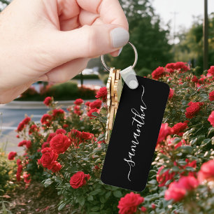 Zwart en wit Elegant Script Handtekening Naam Sleutelhanger
