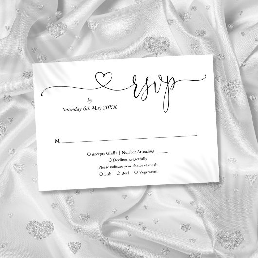 Zwart En Wit Elegant Script Hart RSVP Kaartje