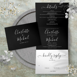 Zwart En Wit Elegant Script Monogram Huwelijk Drieluik Uitnodiging