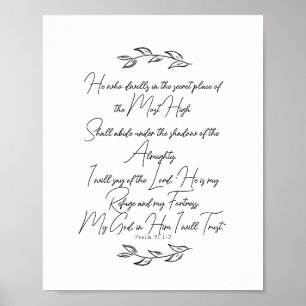 Zwart en Wit Elegante Bladeren Psalm 91 Christelij Poster
