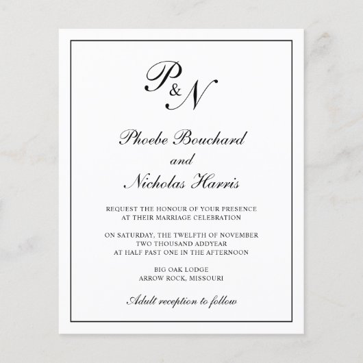 Zwart en wit elegante budget bruiloft uitnodiging flyer (Voorkant)