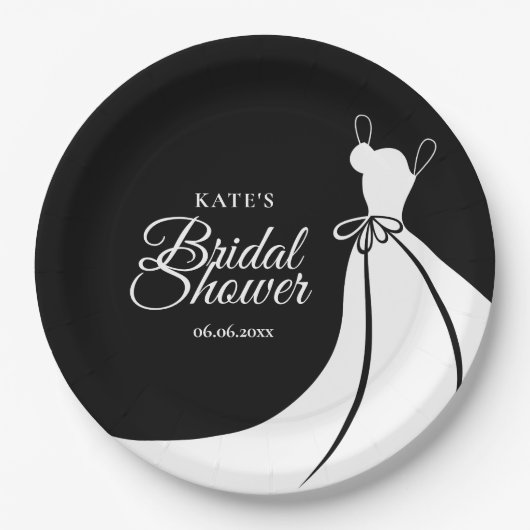 Zwart en wit elegante jurk bruidsfeest papieren bordje (Voorkant)