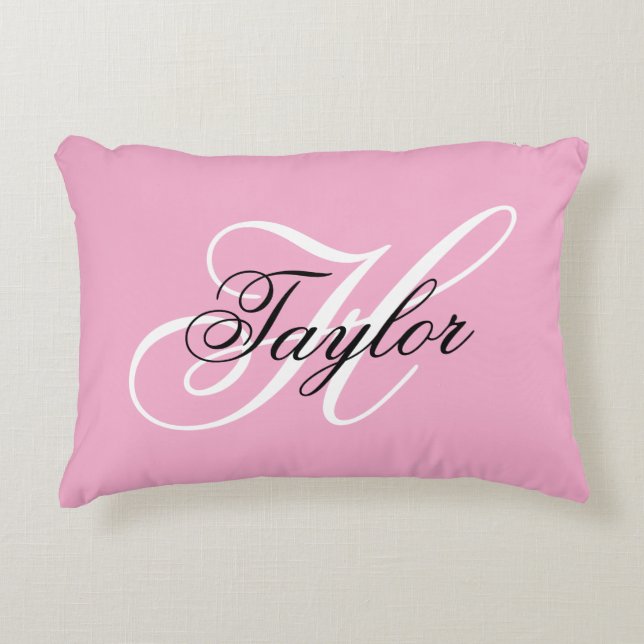 Zwart en wit fancy monogram roze accent kussen (Voorkant)