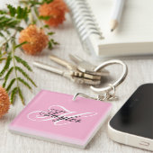 Zwart en wit fancy monogram roze sleutelhanger (Voorkant Rechts)