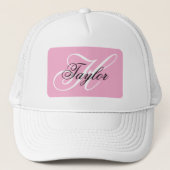 Zwart en wit fancy monogram roze trucker pet (Voorkant)