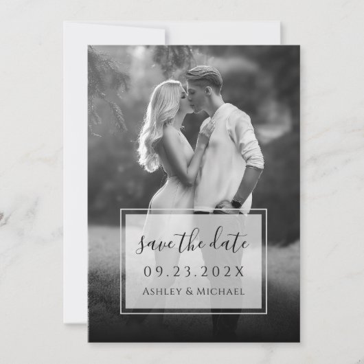 Zwart en wit foto & script transparant huwelijk save the date (Voorkant)