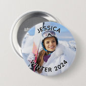 Zwart en wit gebogen tekst familie foto ronde button 7,6 cm (Voorkant /achterkant)
