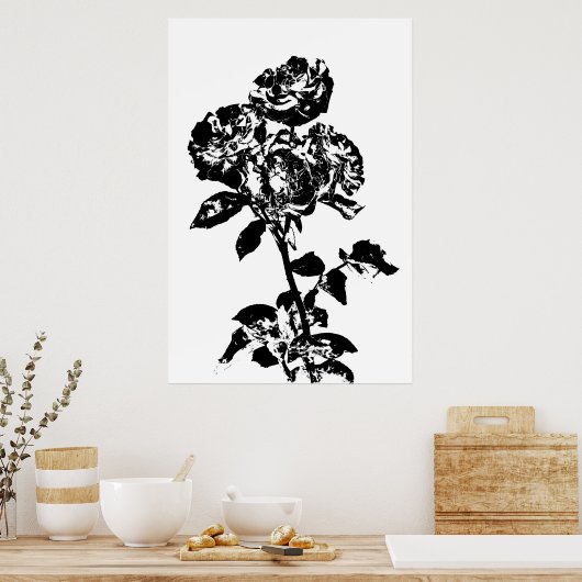 Zwart en wit geïllustreerd Roos KunstPoster Poster (Keuken)