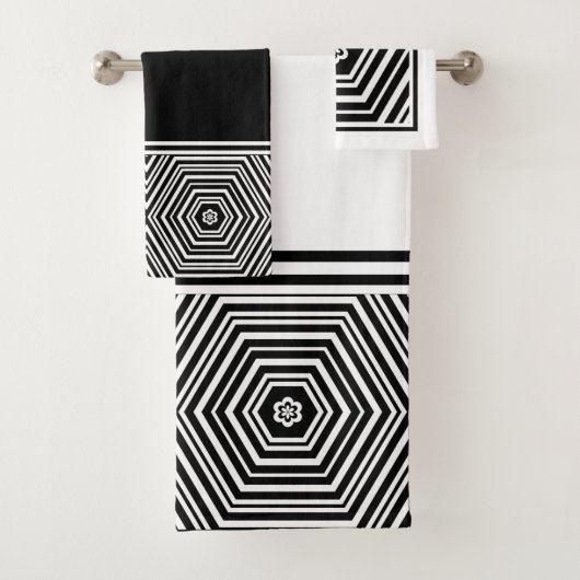 Zwart en wit geometrisch hexagoon bad handdoek (Insitu)
