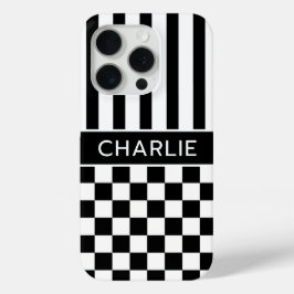Zwart en wit geruit gestreept gepersonaliseerd iPhone 15 pro case