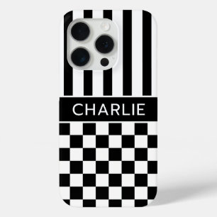 Zwart en wit geruit gestreept gepersonaliseerd iPhone 15 pro case