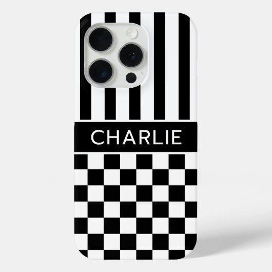 Zwart en wit geruit gestreept gepersonaliseerd Case-Mate iPhone case (Achterkant)