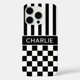 Zwart en wit geruit gestreept gepersonaliseerd iPhone 16 pro hoesje