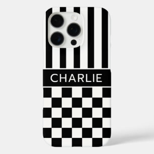 Zwart en wit geruit gestreept gepersonaliseerd iPhone 16 pro hoesje