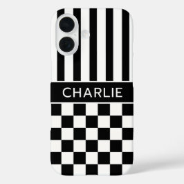 Zwart en wit geruit gestreept gepersonaliseerd iPhone 16 hoesje