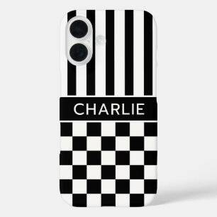 Zwart en wit geruit gestreept gepersonaliseerd iPhone 16 hoesje
