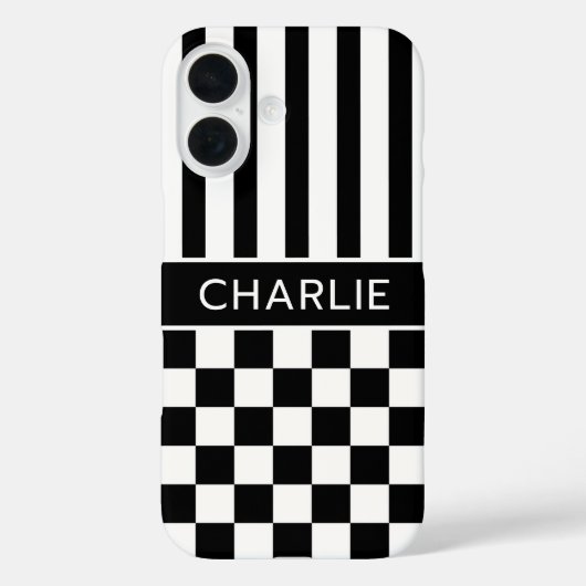 Zwart en wit geruit gestreept gepersonaliseerd Case-Mate iPhone case (Achterkant)