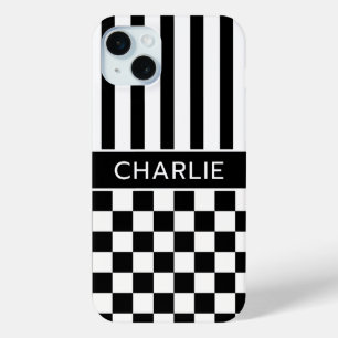 Zwart en Wit Geruit Gestreept Gepersonaliseerd iPhone 15 Mini Hoesje