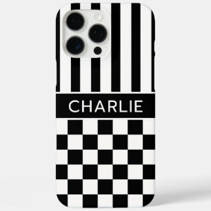 Zwart en Wit Geruit Gestreept Gepersonaliseerd iPhone 16 Pro Max Hoesje