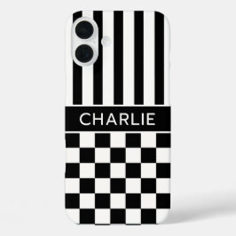 Zwart en wit geruit gestreept gepersonaliseerd iPhone 16 plus hoesje