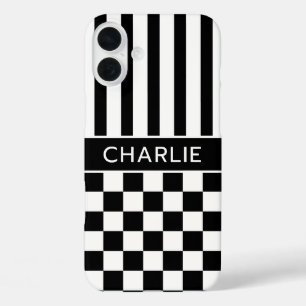 Zwart en wit geruit gestreept gepersonaliseerd iPhone 16 plus hoesje