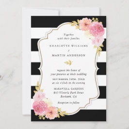 Zwart en wit gestreept zwart-roze bruinkoolbruilof kaart