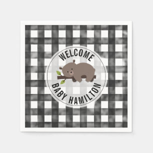Zwart en wit Gingham Sleepy Beer Baby shower Servet