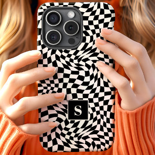 Zwart en Wit Golfpatroon met Monogram iPhone 15 Case