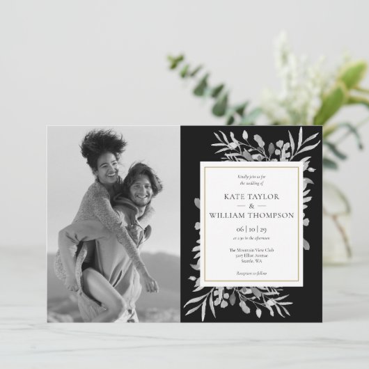 Zwart En Wit Goud Blad Foto's Trouw Uitnodiging (Staand voorkant)