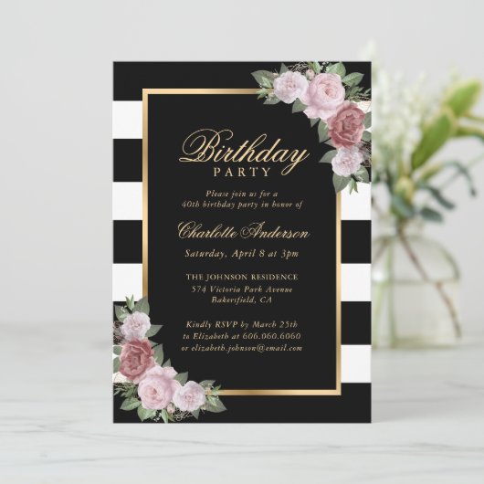 Zwart en Wit Goud Blush Bloemen 40e Verjaardag Kaart (Staand voorkant)