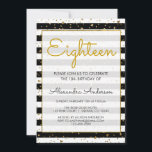 Zwart en wit goud folie harten 18e verjaardag kaart<br><div class="desc">Black and White Metallic Gold Foil Hearts Confetti Striped Achttiende Verjaardag Party Invitation voor een 18e verjaardagsfeest. Deze uitnodiging is perfect voor een zwart-wit meisje dat 18 (achttien) verjaardagsfeestje wordt. Neem contact op met de ontwerper voor aangepaste overeenkomende items.</div>