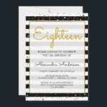 Zwart en wit goud folie harten 18e verjaardag kaart<br><div class="desc">Black and White Metallic Gold Foil Hearts Confetti Striped Achttiende Verjaardag Party Invitation voor een 18e verjaardagsfeest. Deze uitnodiging is perfect voor een zwart-wit meisje dat 18 (achttien) verjaardagsfeestje wordt. Neem contact op met de ontwerper voor aangepaste overeenkomende items.</div>