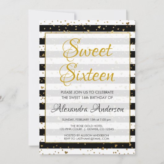 Zwart en wit goud folie harten Sweet 16 Verjaardag Kaart (Voorkant)