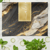 Zwart en wit goud marmer modern elegant theedoek (Gevouwen)