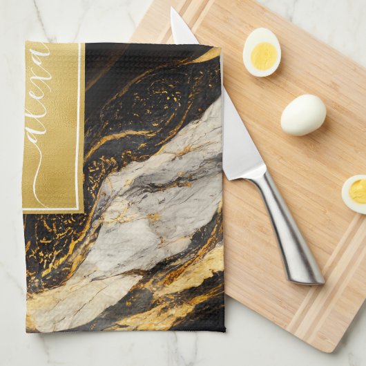 Zwart en wit goud marmer modern elegant theedoek (Quarter Fold)