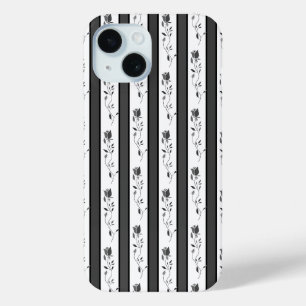 Zwart en wit grijs vintage gestreept met rozen iPhone 15 case