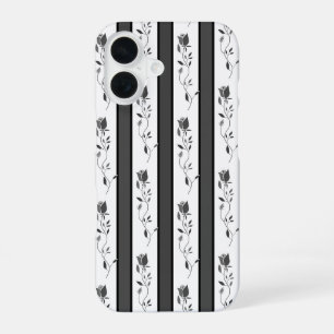 Zwart en wit grijs vintage gestreept met rozen iPhone 16 hoesje